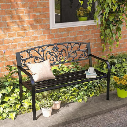 Outsunny 50" Outdoor Bench, Metal Garden Bench with Floral Pattern Backrest, Porch Bench with Slatted Seat for Park, Yard, Lawn, Black