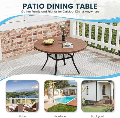 Patio Dining Table for 4, Round Metal Outdoor Table with Storage Shelf, 1.57" Umbrella Hole, 41" Outdoor Slat Tabletop Dining Table for Backyard, Porch, Lawn, Walnut