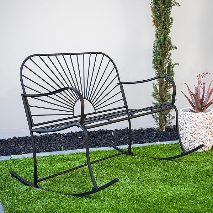 XBrand 44.5" L Iron Sun-Patterned Seat for Two Indoor/Outdoor Rocking Bench, Durable Patio Glider Bench, Black