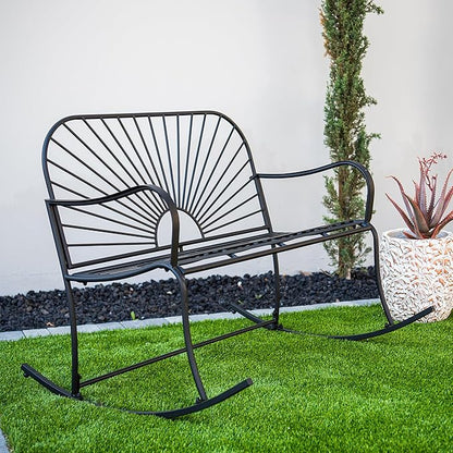 XBrand 44.5" L Iron Sun-Patterned Seat for Two Indoor/Outdoor Rocking Bench, Durable Patio Glider Bench, Black