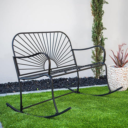 XBrand 44.5" L Iron Sun-Patterned Seat for Two Indoor/Outdoor Rocking Bench, Durable Patio Glider Bench, Black