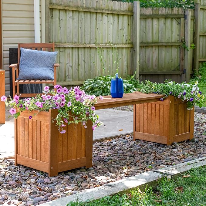 Sunnydaze 68-Inch Meranti Wood Outdoor Planter Box Bench with Teak Oil Finish