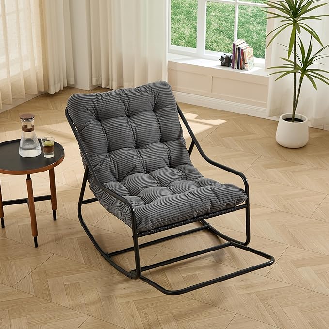 Rocking Chair with Foot Rest, Outdoor Indoor Rocking Lounge Chair with Cushion, Comfortable Patio Rocker Chairs for Patio, Porch, Garden, Living Room, Reading, Metal Frame, Grey