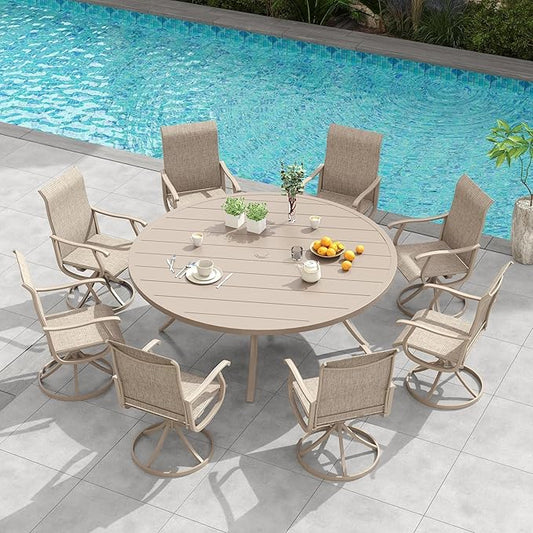 VICLLAX 60" Outdoor Round Patio Dining Table for 8-10, All Weather Metal Dining Table with Umbrella Hole for Deck Lawn Garden Backyard, Sandshell
