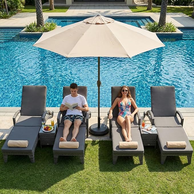 Chaise Lounge Chairs Set of 4, Upholstered 4-Positions Adjustable Lounge Chairs, Wicker Outdoor Long Reclining Chaise Lounge Set Pool Lounge Chairs with Wheels for/Deck/Beach/Yard, Grey