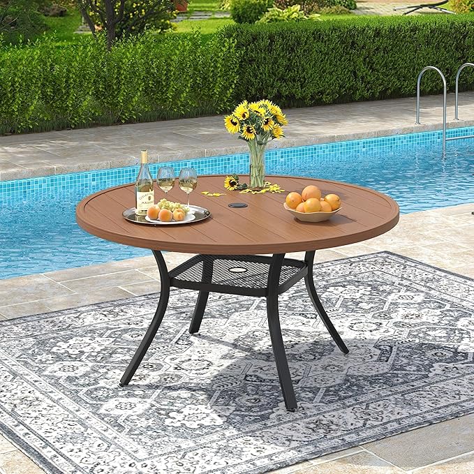 VICLLAX Round Patio Dining Table for 4-6, Outdoor Metal Dining Table with Umbrella Hole for Deck Lawn Garden Backyard, 47.2" Walnut