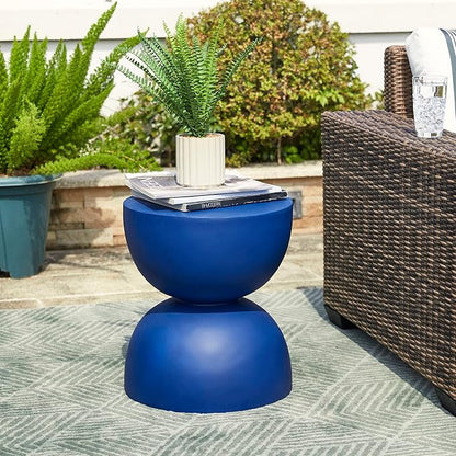 Glitzhome Outdoor Side Table, Round Accent End Table, Lightweight Hourglass Faux Terrazzo Decorative Garden Stool, 17.75" H Cobalt Blue Planter Stand for Patio Porch Balcony Living Room