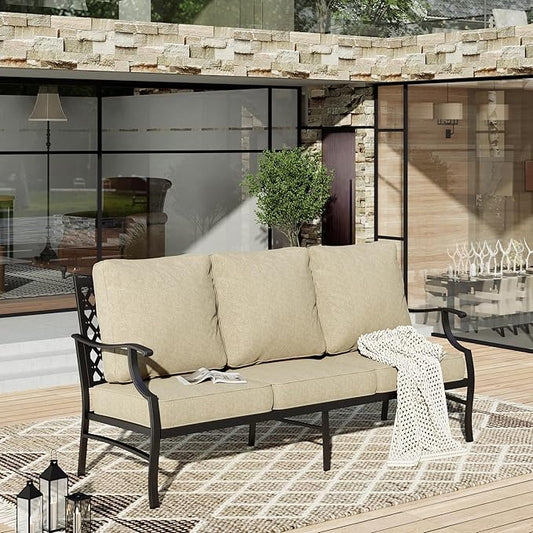 HERA'S HOUSE Patio Furniture Sofa, All-Weather Outdoor 3 Seats Couch, Outdoor Patio Couch with Deep Seating and Olefin Cushions for Lawn Garden Backyard Balcony