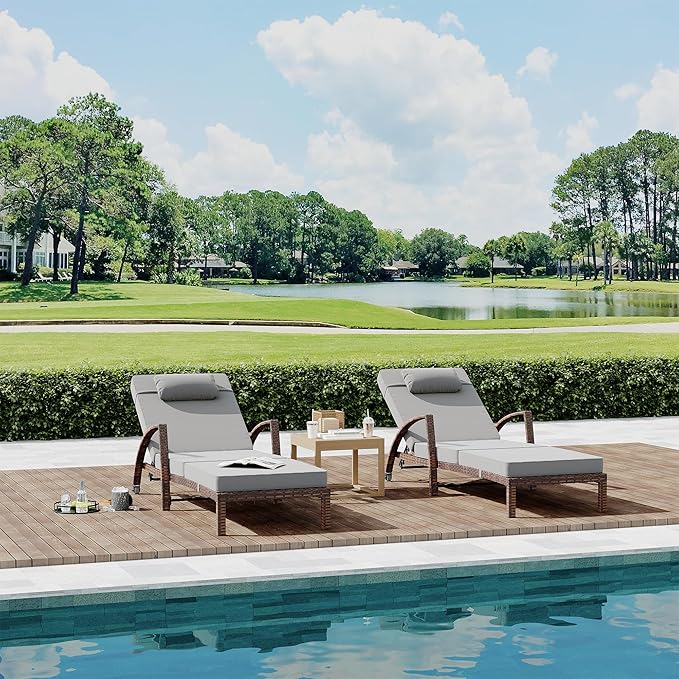 Garvee Chaise Lounge Outdoor Set of 2, PE Rattan Wicker Pool Lounge Chairs with 5-Level Adjustable Backrest - Photo 1