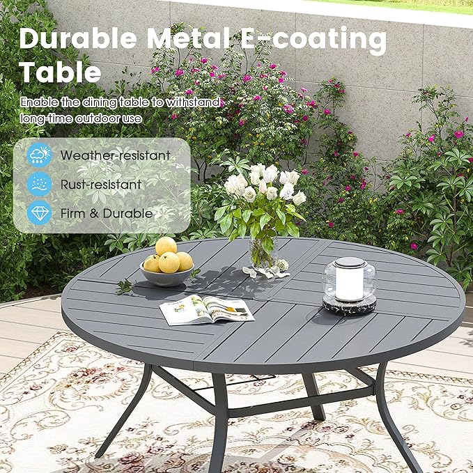 Patio Dining Table for 6-8, Round Metal Outdoor Table with Storage Shelf, 1.57" Umbrella Hole, 53" Outdoor Quartered Tabletop Dining Table for Backyard, Porch, Lawn, Dark Grey