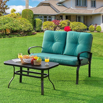 RELAX4LIFE Patio Loveseat with Coffee Table - 2-Piece Patio Conversation Sofa Set w/Backrest & Cushions, Modern Outdoor Glider Bench for Garden, Backyard, Poolside, Metal Porch Furniture (Turquoise)