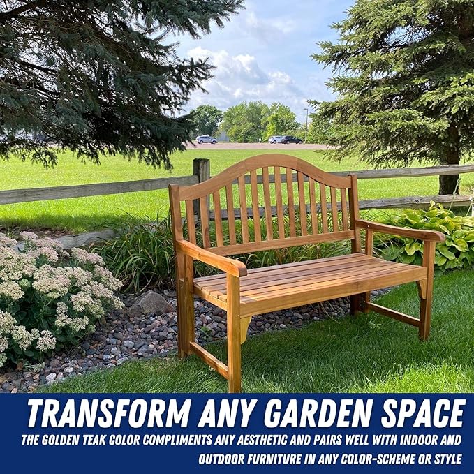 Foldable Acacia Wood Garden Bench, 4 Foot Indoor/Outdoor Wooden Porch, Patio, & Park Seating, Curved Backrest and Armrest, 48" Wide x 24-3/4" Deep x 41" High, Teak Color