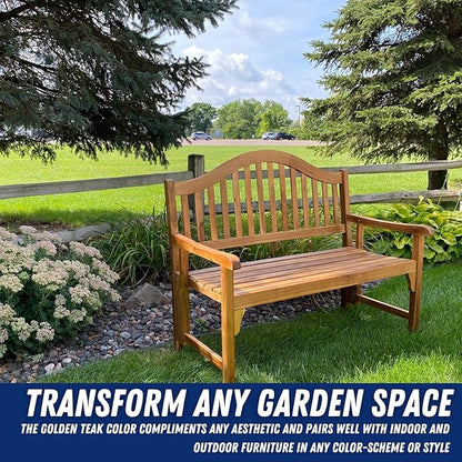 Foldable Acacia Wood Garden Bench, 4 Foot Indoor/Outdoor Wooden Porch, Patio, & Park Seating, Curved Backrest and Armrest, 48" Wide x 24-3/4" Deep x 41" High, Teak Color