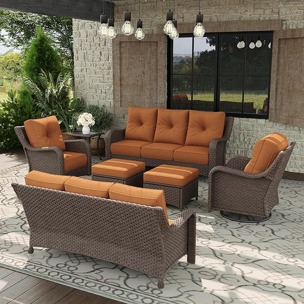 7 Piece Patio Furniture Set, All-Weather Wicker Outdoor Conversation Set with Swivel Rocking Chair and 6 Inch Thick - Photo 1
