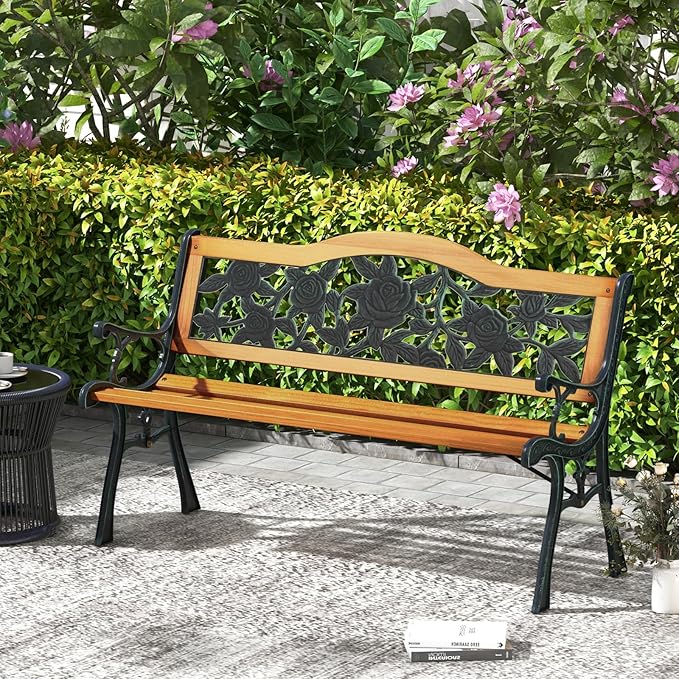 Tangkula Outdoor Garden Bench Park Bench, Patio Furniture Bench Chair with Cast Iron & Hardwood Structure, Weather Proof Porch Loveseat, Perfect for Backyard, Deck, Lawn, Poolside