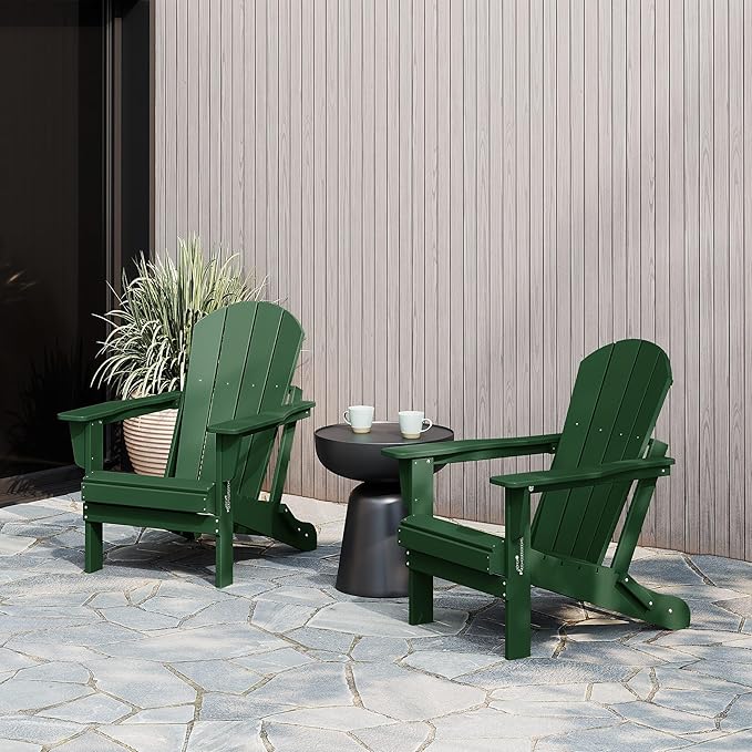 WestinTrends Malibu 2 Piece Set Outdoor Folding Poly Adirondack Chair, Dark Green