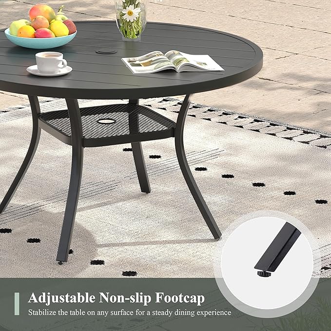 Outdoor Dining Table with Adjustable Umbrella Hole, 40.6" All-Weather Round Patio Dining Table for 4, Metal Patio Table with Storage Shelf for Garden Lawn Porch Deck Yard, Black
