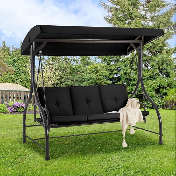 AECOJOY 3-Seat Outdoor Porch Swing with Adjustable Backrest and Canopy - Photo 1