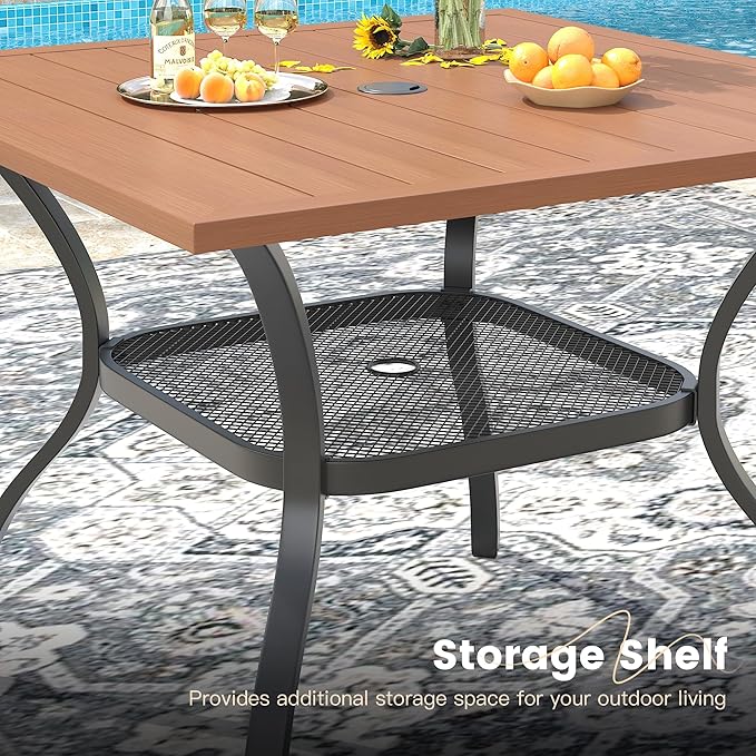 VICLLAX Outdoor Patio Dining Table for 4, Square Metal Table with Umbrella Hole and Storage Shelf for Garden, Lawn, Balcony, Deck, Walnut