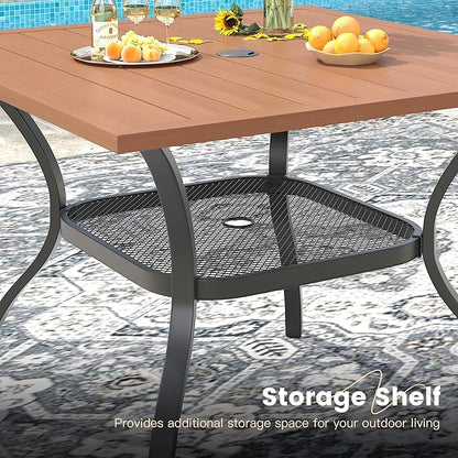 VICLLAX Outdoor Patio Dining Table for 4, Square Metal Table with Umbrella Hole and Storage Shelf for Garden, Lawn, Balcony, Deck, Walnut