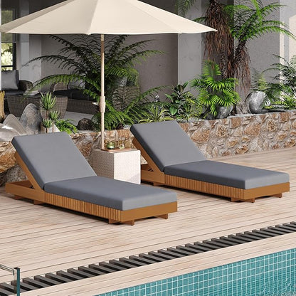 Merax 2-Piece Acacia Wood Chaise Lounge Set w/ 6-Position Adjustable Backrest & Cushion - Outdoor Patio Poolside Furniture, Grey