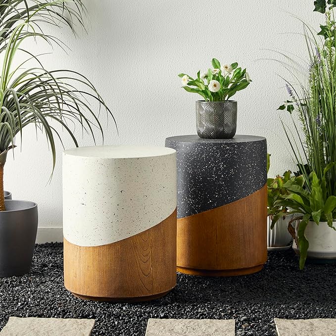 Giltzhome 17.25" H Decorative Garden Stool Set of 2, Faux Terrazzo End Table Planter Stand Accent Table for Garden Patio Lawn Home Indoor Outdoor, Black