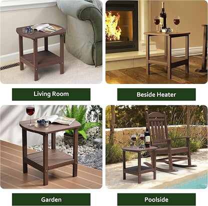 TORVA Patio Adirondack Side Table, Outdoor End Tables All-Weather Resistant HDPE Humidity-Proof Long Time Use for Deck, Lawn,Garden, Porch, Backyard End Table（Brown Color）(2 Tier)