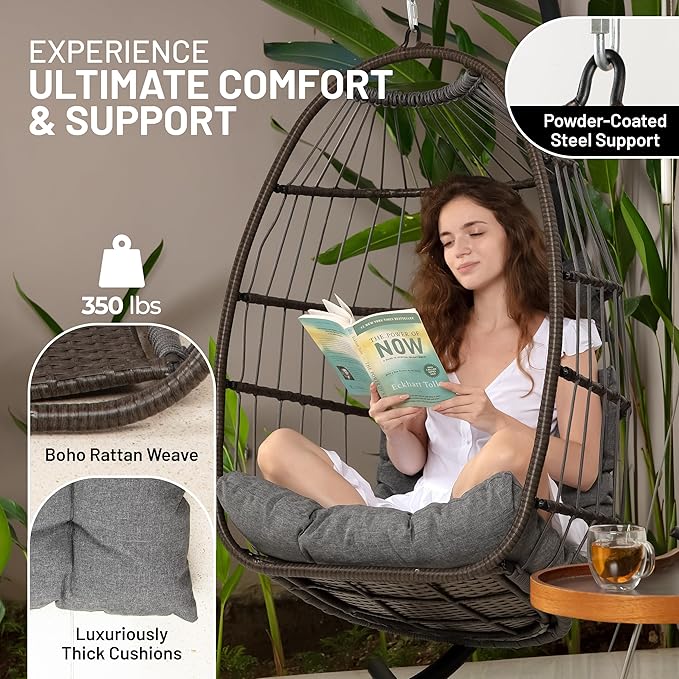 SereneLife Egg Chair with Stand – Hanging Rattan Wicker Swing for Indoor Outdoor Use – 350 lbs Capacity, Breathable Cushion & Headrest – Patio, Balcony, Porch, Bedroom Lounge Furniture