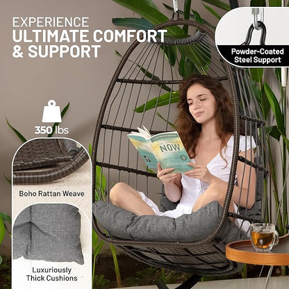 SereneLife Egg Chair with Stand – Hanging Rattan Wicker Swing for Indoor Outdoor Use – 350 lbs Capacity, Breathable Cushion & Headrest – Patio, Balcony, Porch, Bedroom Lounge Furniture