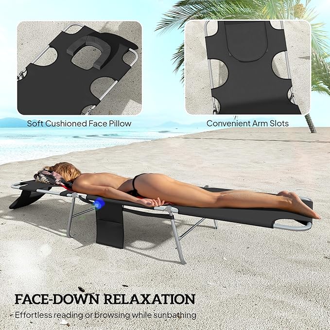 Outsunny Chaise Lounge Chair Outdoor Set of 2 with Face Arm Hole, 5-Position Reclining Face Down Tanning Chair with Carry Strap, Side Pocket, Portable Folding Bed Cot for Patio Beach Pool, Black