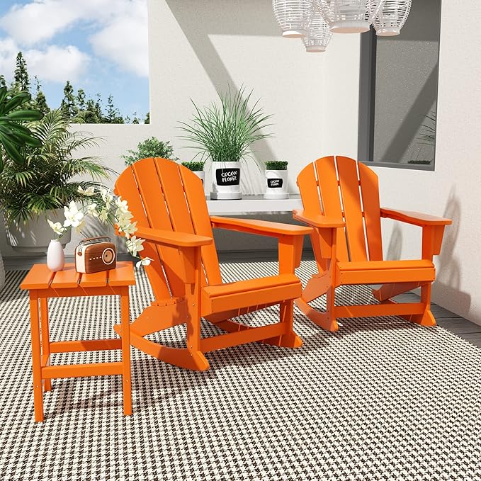 WO WESTIN OUTDOOR HDPE Laguna Outdoor Rocking Poly Adirondack Chair with Side Table 3-Piece Set, Orange