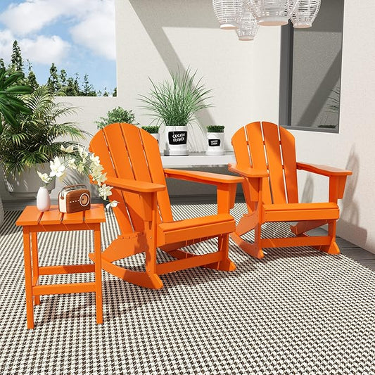 WO WESTIN OUTDOOR HDPE Laguna Outdoor Rocking Poly Adirondack Chair with Side Table 3-Piece Set, Orange