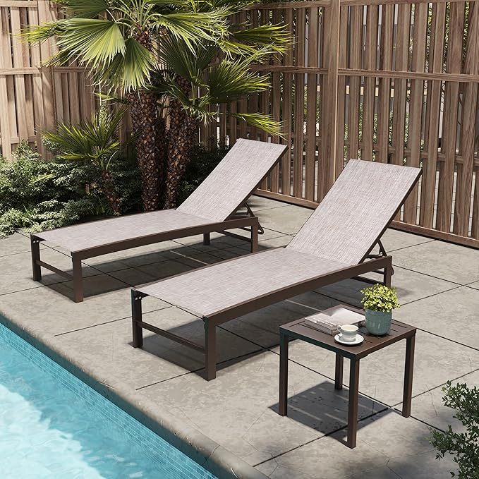 Patio Chaise Lounge Chair Set, 3PCS Outdoor Recliner Lounge Chair with Side Table, All Weather Chaise with 5 Adjustable Backrest and Lay Flat Positions for Garden, Balcony, Pool