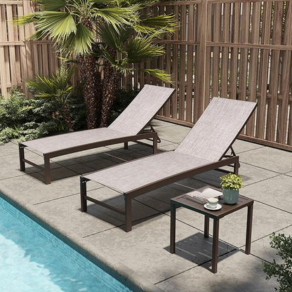 Patio Chaise Lounge Chair Set, 3PCS Outdoor Recliner Lounge Chair with Side Table, All Weather Chaise with 5 Adjustable Backrest and Lay Flat Positions for Garden, Balcony, Pool