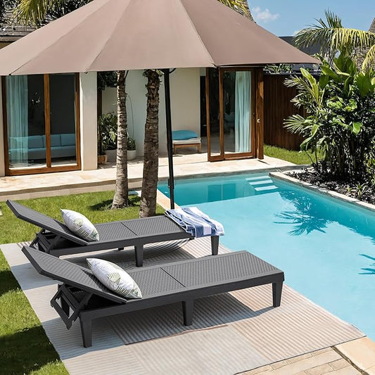 JUMMICO Patio Chaise Lounge Chair Set of 2 Outdoor PE Waterproof Adjustable Easy Assembly Lounge Chairs for Outside Pool Garden Deck Beach (Grey, Set of 2)