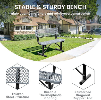 4 Feet Steel Park Bench for Outside, Outdoor Bench with Backrest & Portable Frame, Commercial Benches for Shopping Malls, Stores, Parks, Patios, Decks, Grey