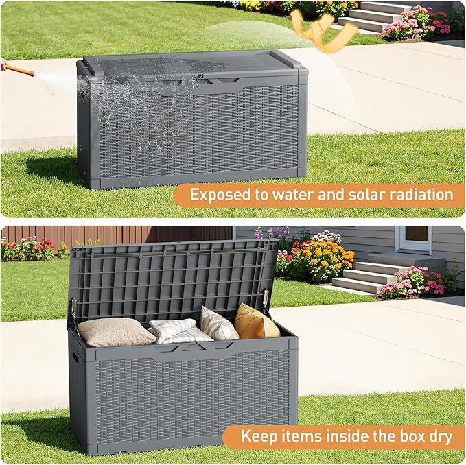 Greesum 100 Gallon Resin Deck Box Large Outdoor Storage Boxes with Cushions for Garden Tools, Patio Furniture Pillows - Photo 4