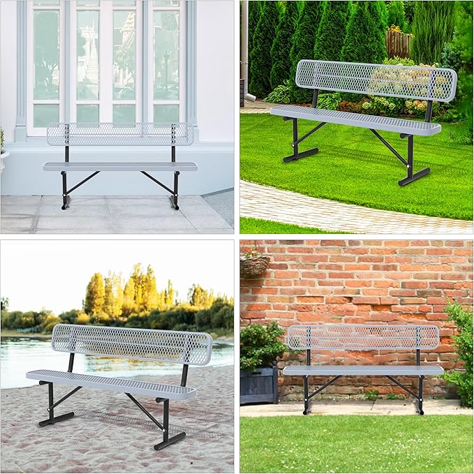 72" Metal Park Benches for Outside - Gray Outdoor Benches Heavy Duty Garden Weatherproof Bench with Backrest, Buddy Bench for Schools,Commercial Benches for Shopping Mall, Store, Yard, Patio