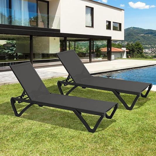Domi Pool Lounge Chairs Set of 2, Aluminum Patio Chaise Lounge with Wheels, 5 Position Adjustable, All Weather Outdoor Lounge Chairs for Beach, Yard, Balcony, Poolside, Dark Grey