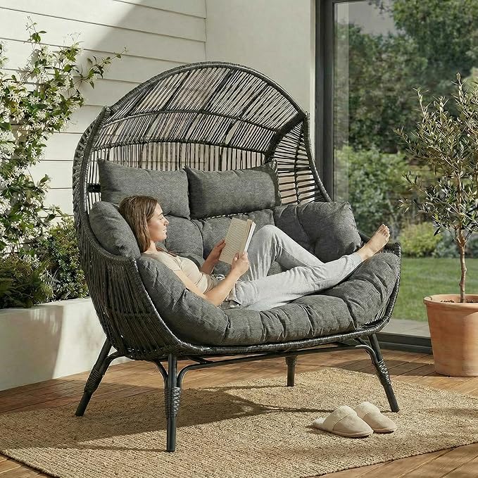 IRONCK Egg Chair Indoor Outdoor, 2 Person Double Egg Loveseat Chair, Oversized Thickened Padded Headrests and Cushions, 680 lbs Wicker Lounge for Balcony, Patio, Garden, Black and Gray