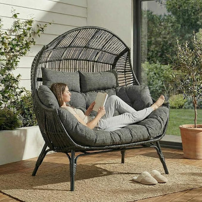 IRONCK Egg Chair Indoor Outdoor, 2 Person Double Egg Loveseat Chair, Oversized Thickened Padded Headrests and Cushions, 680 lbs Wicker Lounge for Balcony, Patio, Garden, Black and Gray