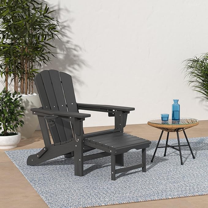 KINGYES Folding Adjustable Adirondack Chair with Retractable Ottoman Set of 2, HDPE Oversized Outdoor Chair with Cup Holder, Wood-Like Recliner Versatile Adirondack Chair, Black