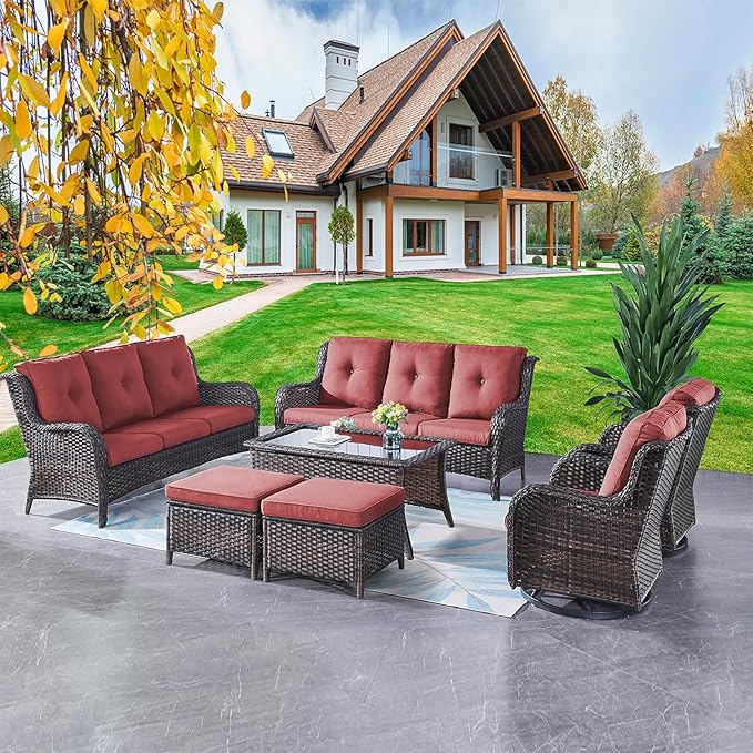 Rilyson Wicker Patio Furniture Set - 7 Piece Rattan Outdoor Sectional Conversation Sets with 2 Rocking Swivel Chairs - Photo 8