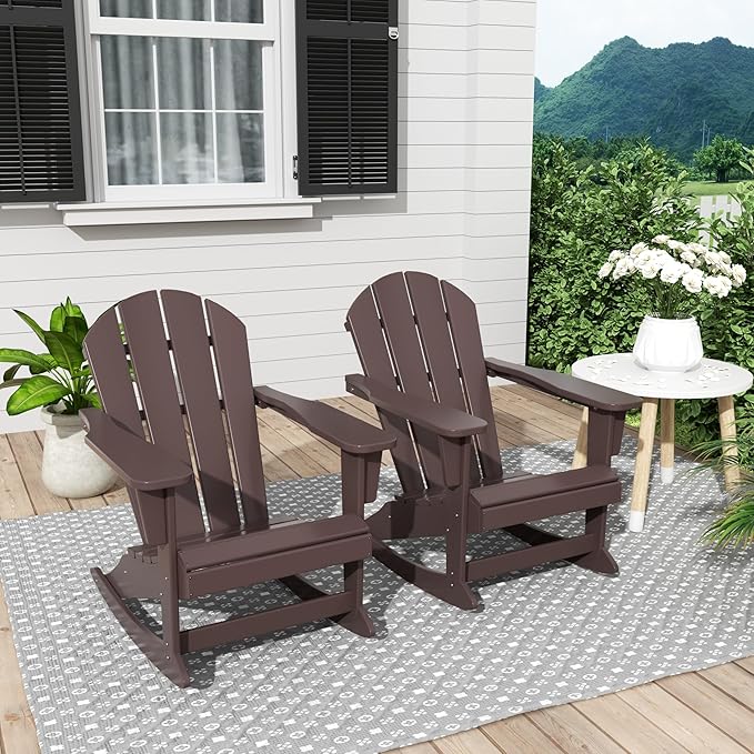 Costaelm Outdoor Adirondack Chair Set of 2, All Weather Resistant Classic Balcony Chair and Fire Pit Chairs, Plastic Outdoor Porch Furniture Rocking Chair High Back HDPE Poly Lumber, Dark Brown