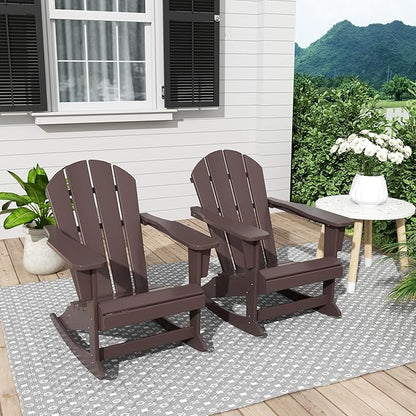 Costaelm Outdoor Adirondack Chair Set of 2, All Weather Resistant Classic Balcony Chair and Fire Pit Chairs, Plastic Outdoor Porch Furniture Rocking Chair High Back HDPE Poly Lumber, Dark Brown