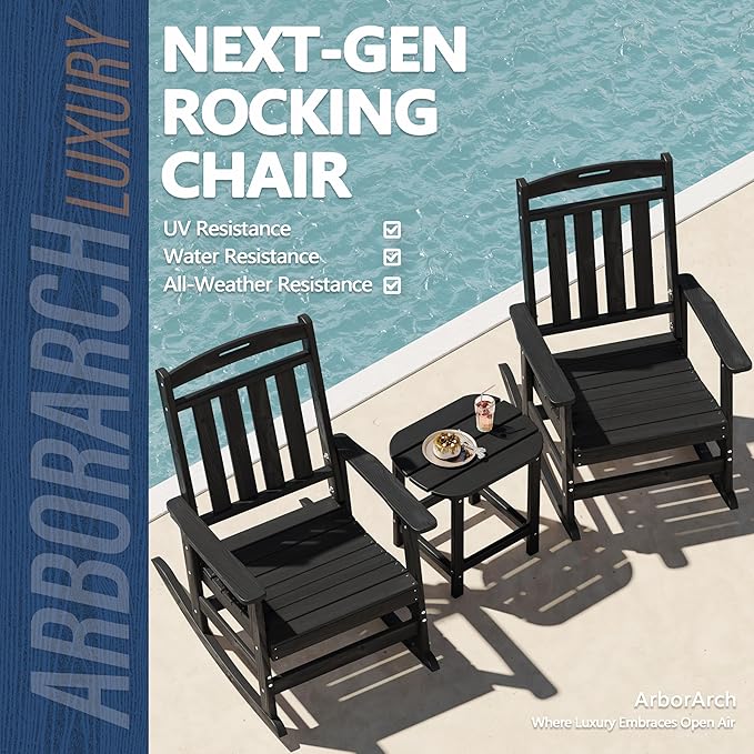 Outdoor Rocking Chair Oversized Set of 2, HDPE All Weather Resistant Patio Rocker, 31.5" High Back 21.5" Deep Seat Oversized Porch Chairs for Lawn Garden Deck Balcony 400lbs Capacity(Black)