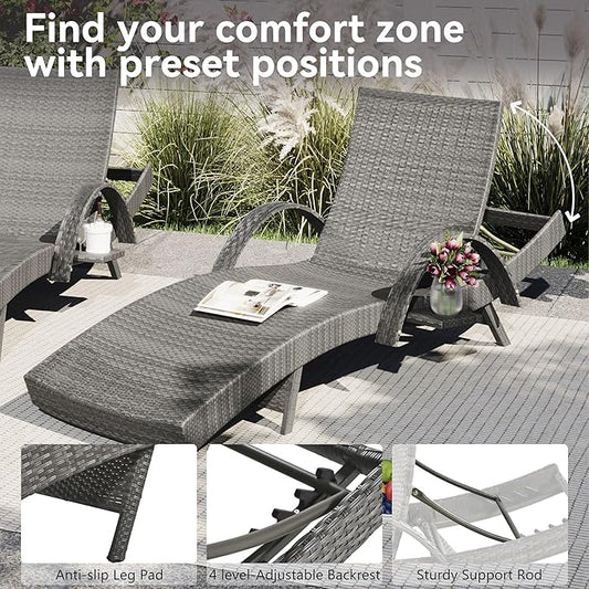 Polibi Outdoor Wicker Chaise Lounge Chairs Set of 2,80.3" Patio Rattan Reclining Chair with Pull-Out Side Table and 4-Level Adjustable Backrest,Ergonomic Wave Design Pool Sunbathing Recliners(Grey)