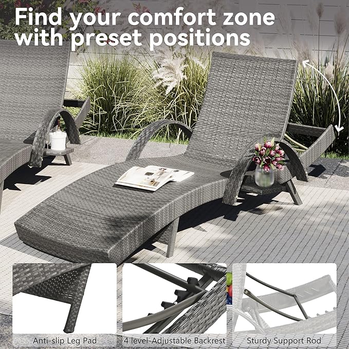 80.3” Outdoor Chaise Lounge, Grey Pool Lounge Chairs Set of 4, Wicker Recliner Chair with Pull-Out Side Table - Photo 5