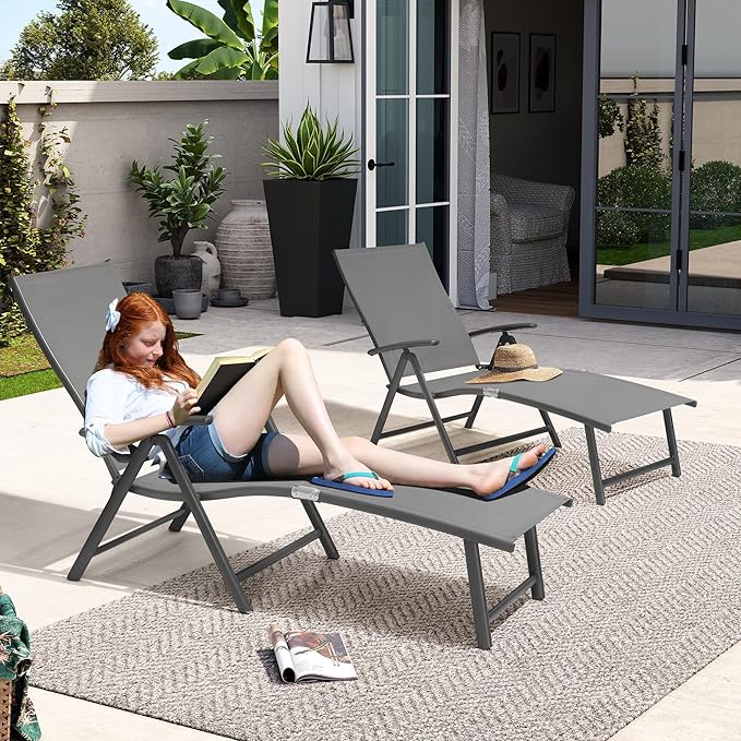 Crestlive Products Chaise Lounge Chair Outdoor Set of 2, Aluminum Folding Patio Recliner Chair, Adjustable 8 Positions Assemble-Free Perfect for Beach, Yard, Pool, Deck