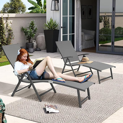 Crestlive Products Chaise Lounge Chair Outdoor Set of 2, Aluminum Folding Patio Recliner Chair, Adjustable 8 Positions Assemble-Free Perfect for Beach, Yard, Pool, Deck